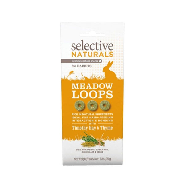 Supreme Selective Naturals Meadow Loops Rabbit Treat with Timothy hay and thyme in an 80g recyclable bag.