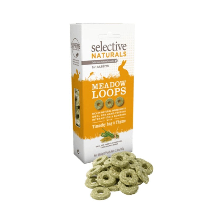 Supreme Selective Naturals Meadow Loops Rabbit Treat with Timothy hay and thyme in an 80g recyclable bag.