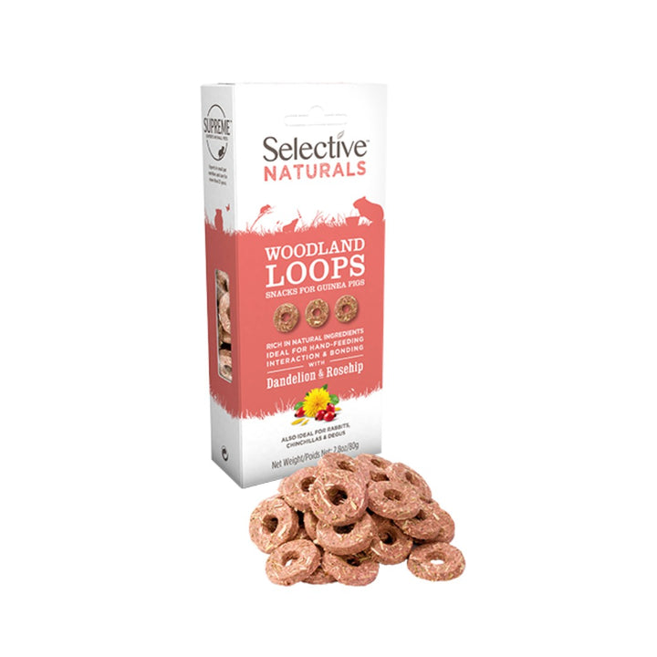 Supreme Selective Naturals Woodland Loops are delicious and nutritious treats for guinea pigs and rabbits With high fiber, no added sugars, and no artificial colors 2.