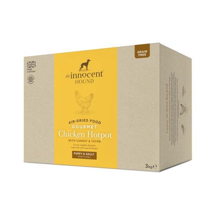 The Innocent Hound Air-Dried Gourmet Chicken Hotpot with Carrot & Thyme Puppy & Adult Dry Dog Food Packaging.