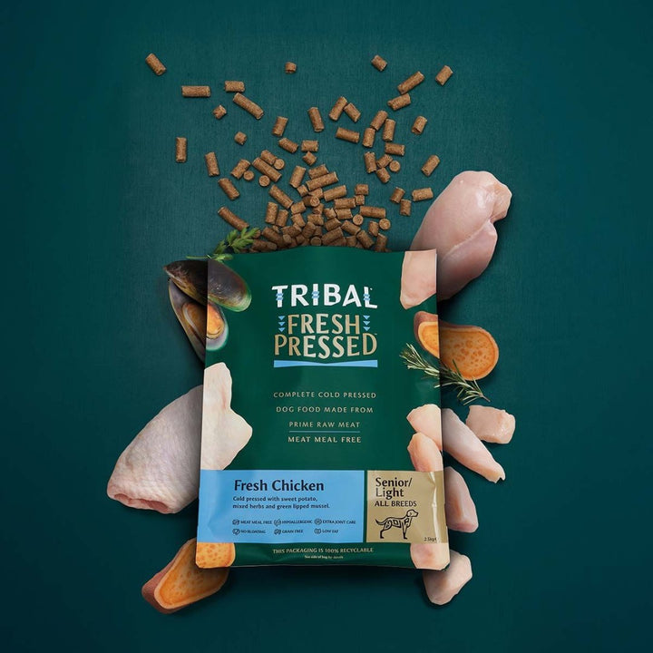 Tribal Fresh Pressed Complete Fresh Chicken Senior/Light Dry Dog Food – 2.5 kg and 12 kg.