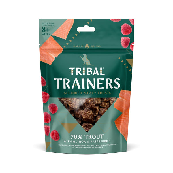 Tribal Trainers Trout Quinoa &amp; Raspberry Dog Treats in an 80g bag.