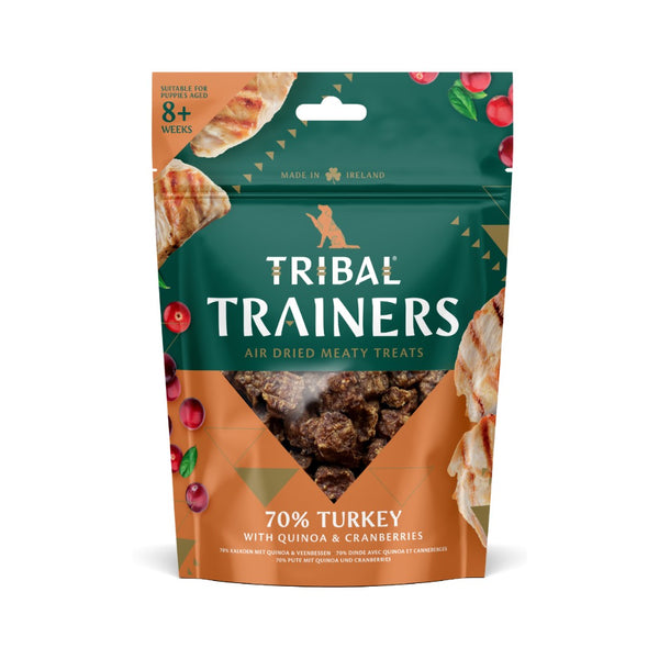 Tribal Trainers Turkey Quinoa &amp; Cranberry Dog Treats in an 80g bag.