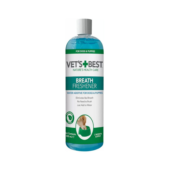 Image of Vet's Best Dental Breath Freshener for Dogs - A 500ml bottle designed to freshen breath naturally with peppermint oil and clove oil.