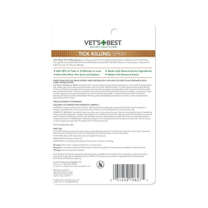 Image of Vet’s Best Tick Killing Spray for Dogs and Puppies - A 1 fl. oz. bottle designed to kill ticks, fleas, ants, and spiders using certified natural essential oils.