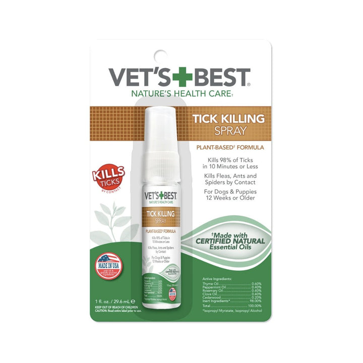 Image of Vet’s Best Tick Killing Spray for Dogs and Puppies - A 1 fl. oz. bottle designed to kill ticks, fleas, ants, and spiders using certified natural essential oils.