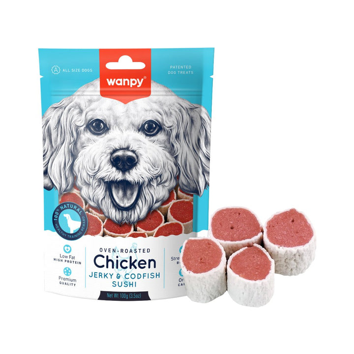 Wanpy Chicken Jerky & Codfish, Sushi Dog Treats, are delicious snacks dogs love. These treats come in mouth-watering flavors, including biscuits, jerkies, and freeze-dried options - Full.