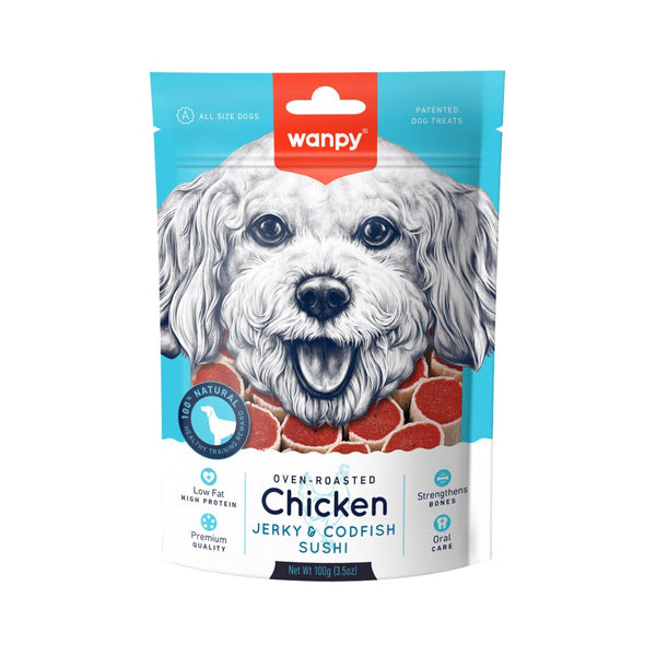 Wanpy Chicken Jerky & Codfish, Sushi Dog Treats, are delicious snacks dogs love. These treats come in mouth-watering flavors, including biscuits, jerkies, and freeze-dried options.