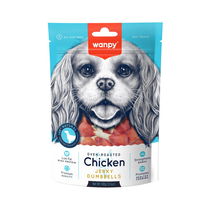 Wanpy Chicken Jerky Dumbbells Dog Treats Front Bag