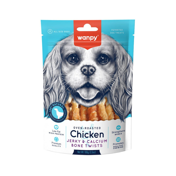 Wanpy Chicken Jerky and Calcium Bone Twists Dog Treats - Front Bag