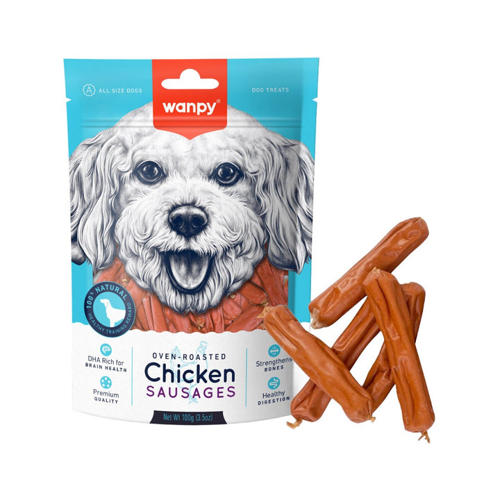 Wanpy Chicken Sausages Dog Treats offer a tasty, mouth-watering flavor that canines love, including biscuits, jerky, and freeze-dried options - Full. 