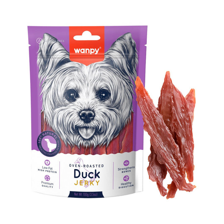 Wanpy Duck Jerky Dog Treats! Dogs love the delicious flavor of these treats, which come in various mouth-watering options, including biscuits, jerkies, and freeze-dried options - Full.