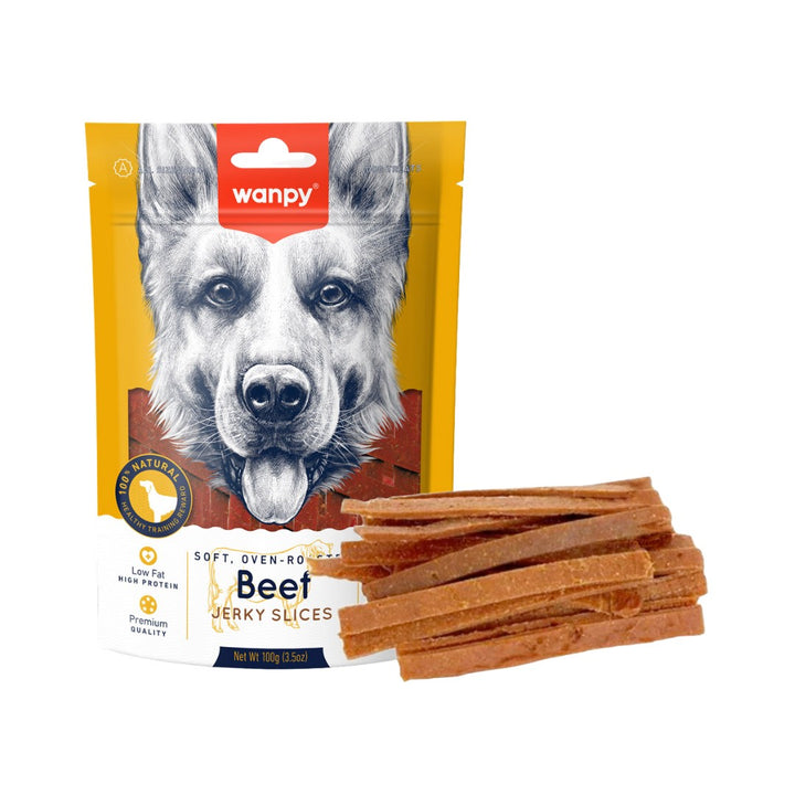 Wanpy Soft Beef Jerky Slices Dog Treats - a tasty snack dogs love! From mouth-watering biscuits to jerkies and freeze-dried treats - Full.