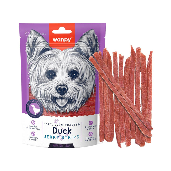 Wanpy Soft Duck Jerky Strips Treats are a delectable snack that dogs love, ranging from mouth-watering biscuits to jerkies and freeze-dried treats - Full.