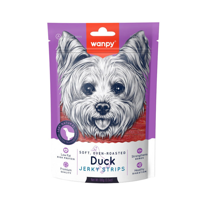 Wanpy Soft Duck Jerky Strips Treats are a delectable snack that dogs love, ranging from mouth-watering biscuits to jerkies and freeze-dried treats.