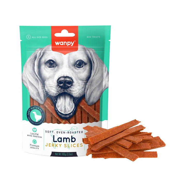 Meet Wanpy Soft Lamb Jerky Slices Dog Treats – a tasty snack dogs love! These treats come in different flavors, including biscuits, jerkies, and freeze-dried options - Full.