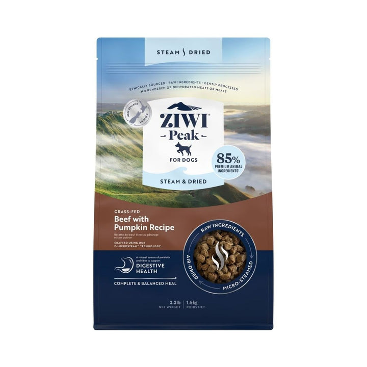 Front view of ZIWI Peak Grass-Fed Beef with Pumpkin Recipe Dry Dog Food bag featuring premium air-dried nutrition for dogs. 1.5kg