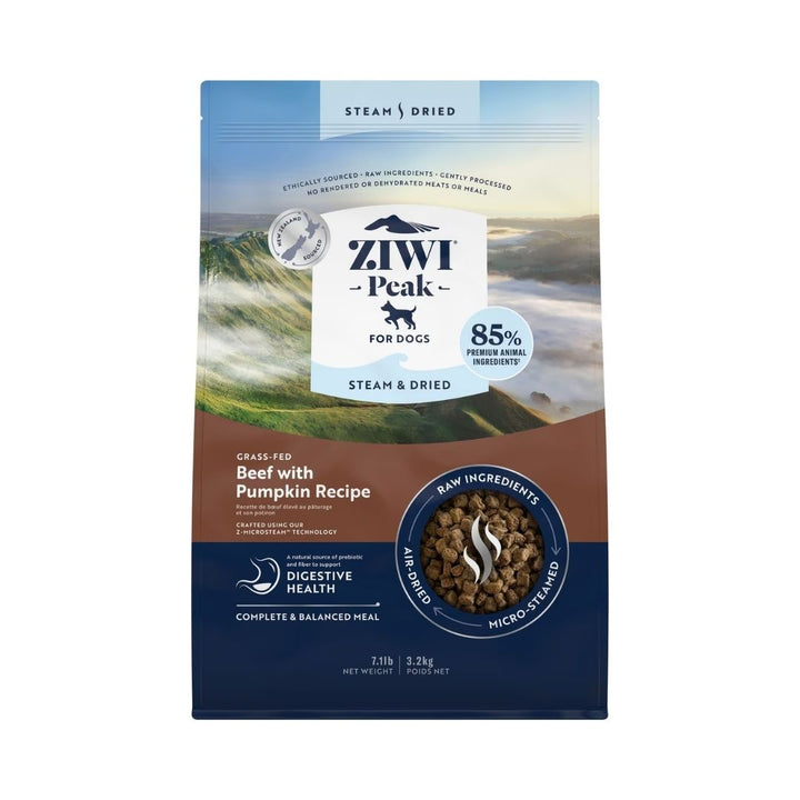 Front view of ZIWI Peak Grass-Fed Beef with Pumpkin Recipe Dry Dog Food bag featuring premium air-dried nutrition for dogs. 3.2kg