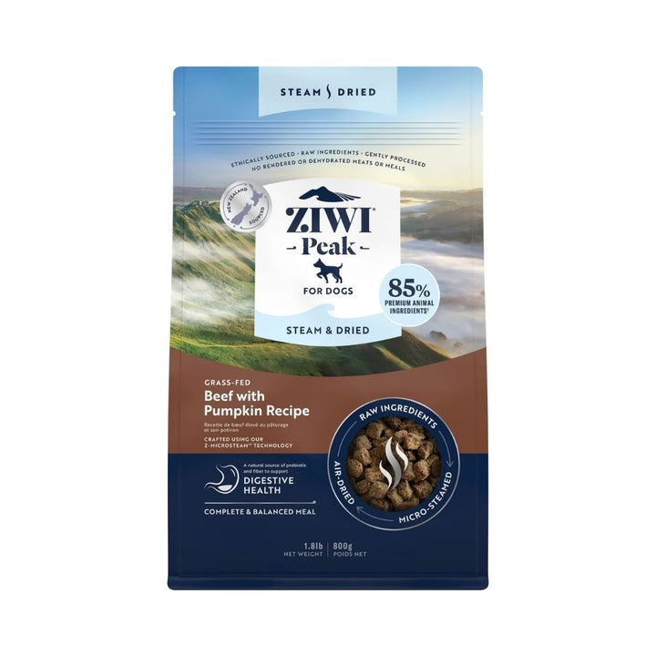 Front view of ZIWI Peak Grass-Fed Beef with Pumpkin Recipe Dry Dog Food bag featuring premium air-dried nutrition for dogs. 800g