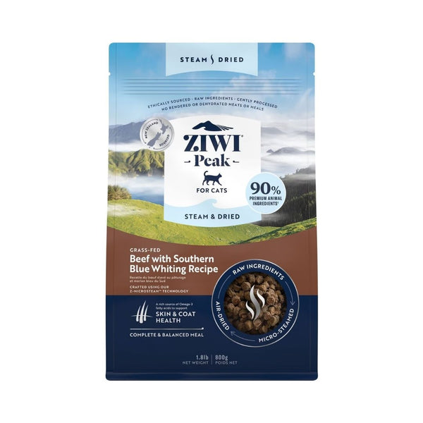 Front view of ZIWI Peak Grass-Fed Beef with Southern Blue Whiting Recipe Dry Cat Food bag featuring premium air-dried bites for cats. 800g