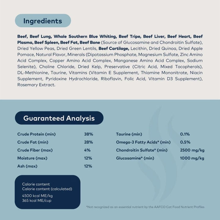 ZIWI Peak Grass-Fed Beef &amp; Southern Blue Whiting Cat Food: Air-dried, 90% meat, rich in Omega-3, taurine, and joint support nutrients.  Ingredients 