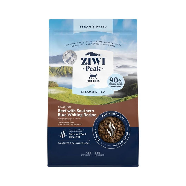 Front view of ZIWI Peak Grass-Fed Beef with Southern Blue Whiting Recipe Dry Cat Food bag featuring premium air-dried bites for cats. 2.2kg