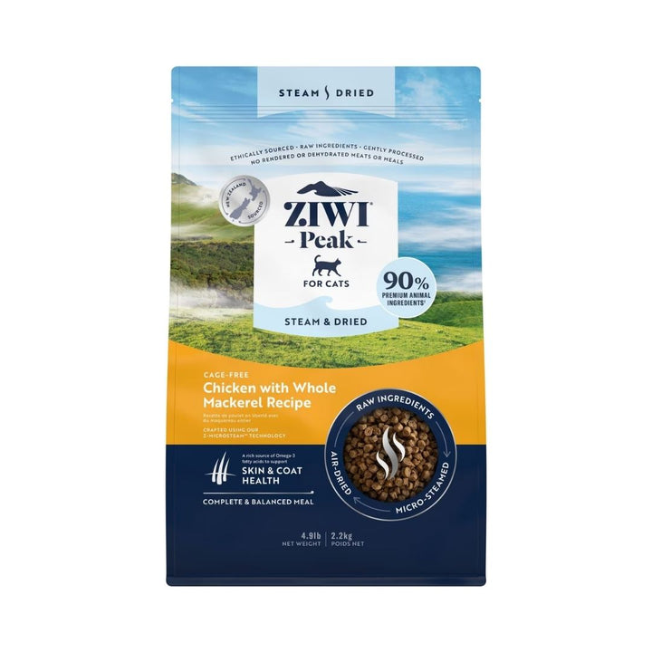 Front view of ZIWI Peak Cage-Free Chicken with Whole Mackerel Recipe Dry Cat Food bag, showcasing air-dried, nutrient-packed bites. 2.2kg