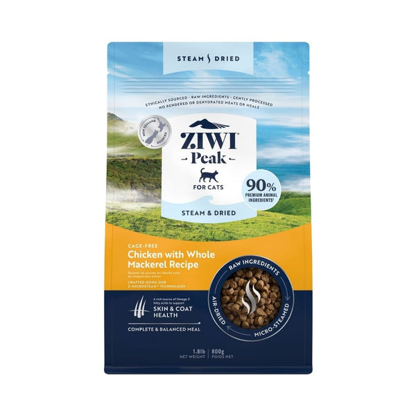 Front view of ZIWI Peak Cage-Free Chicken with Whole Mackerel Recipe Dry Cat Food bag, showcasing air-dried, nutrient-packed bites. 800g