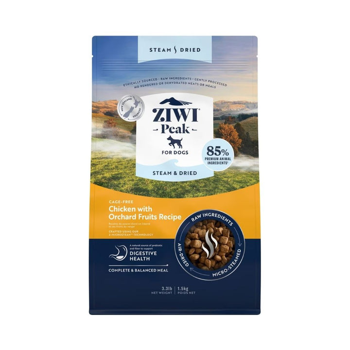 Front view of ZIWI Peak Cage-Free Chicken with Orchard Fruits Recipe Dry Dog Food bag featuring premium air-dried nutrition. 1.5kg