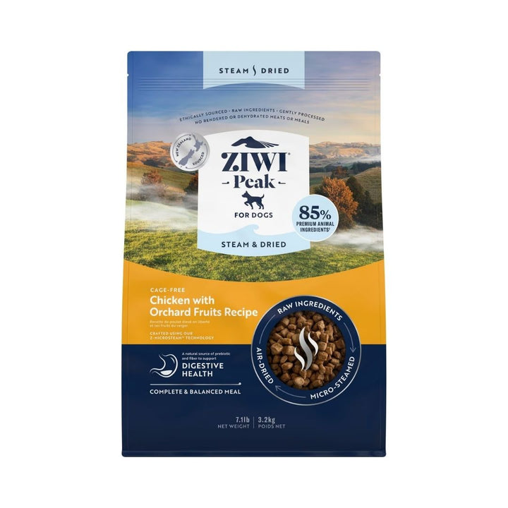 Front view of ZIWI Peak Cage-Free Chicken with Orchard Fruits Recipe Dry Dog Food bag featuring premium air-dried nutrition. 3.2kg