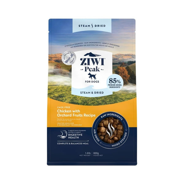 Front view of ZIWI Peak Cage-Free Chicken with Orchard Fruits Recipe Dry Dog Food bag featuring premium air-dried nutrition. 800g