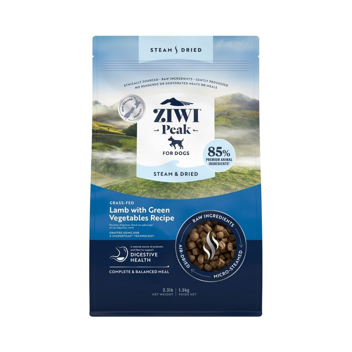 Front view of ZIWI Peak Grass-Fed Lamb with Green Vegetables Recipe Dry Dog Food bag, showcasing premium air-dried bites for dogs. 1.5kg Bag