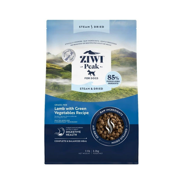 Front view of ZIWI Peak Grass-Fed Lamb with Green Vegetables Recipe Dry Dog Food bag, showcasing premium air-dried bites for dogs. 3.2kg Bag