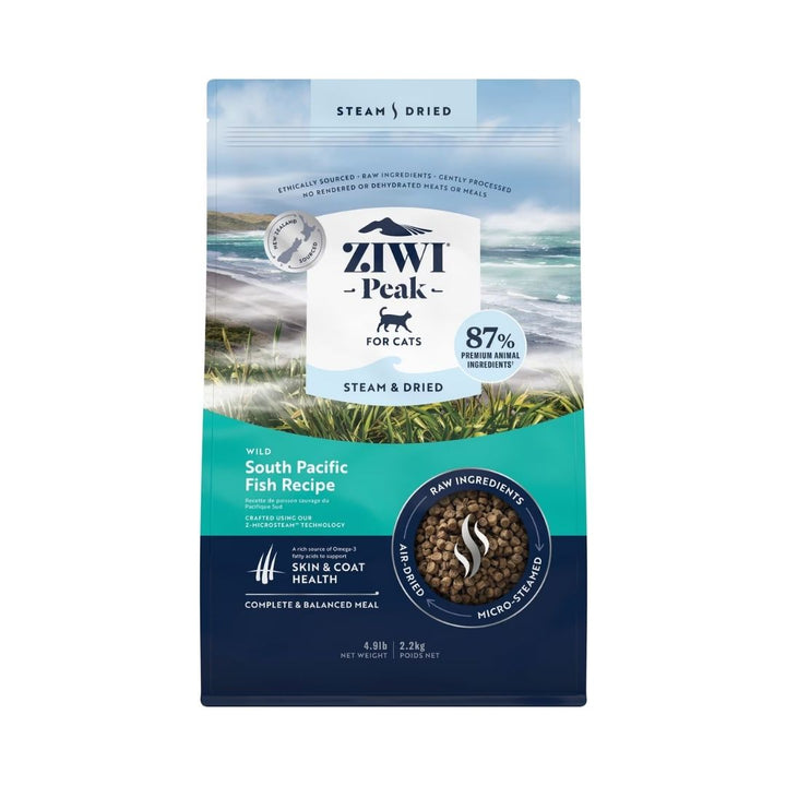 Front view of ZIWI Peak Wild South Pacific Fish Recipe Dry Cat Food 2.2kg bag with air-dried, nutrient-packed bites for cats.