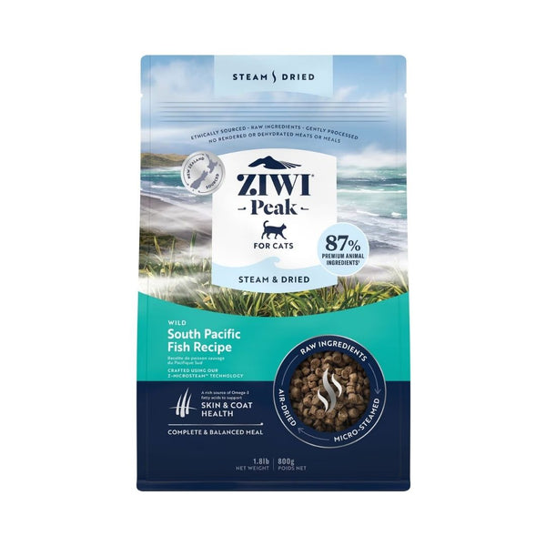 Front view of ZIWI Peak Wild South Pacific Fish Recipe Dry Cat Food 800g bag with air-dried, nutrient-packed bites for cats.