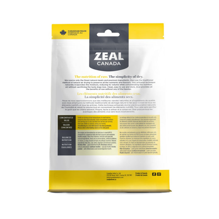 Zeal Canada Gently Air-Dried Chicken Dog Dry Food in a 1kg Back pack.