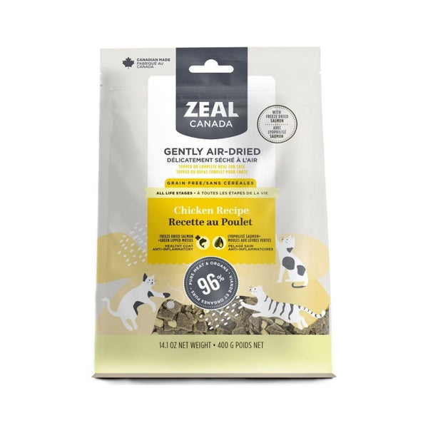 Front view of Zeal Canada Gently Air-Dried Chicken with Freeze-Dried Salmon Cat Food 400g bag, showcasing premium ingredients and nutritional benefits.