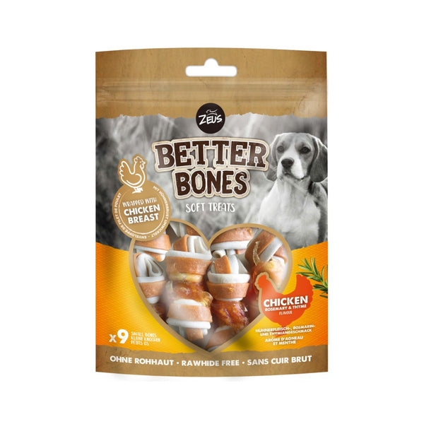 Zeus Better Bones Chicken with Rosemary & Thyme Dog Treats for a delicious and healthy snack that promotes good dental hygiene and is easy to digest.