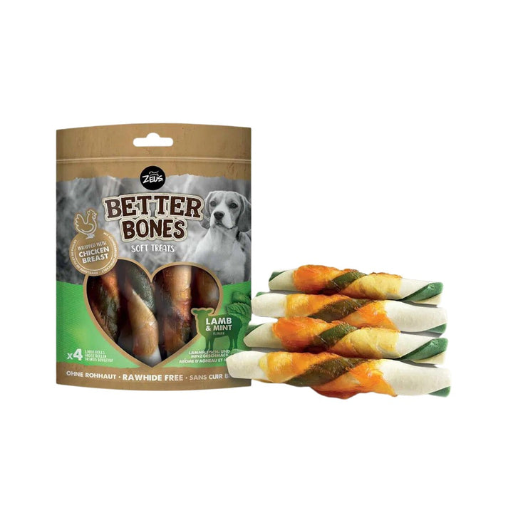 Zeus Better Bones Wrapped Large Rolls Lamb & Mint Dog Treats wrapped in real chicken. These thick and rawhide-free are satisfying for your dog to chew on safely Full.