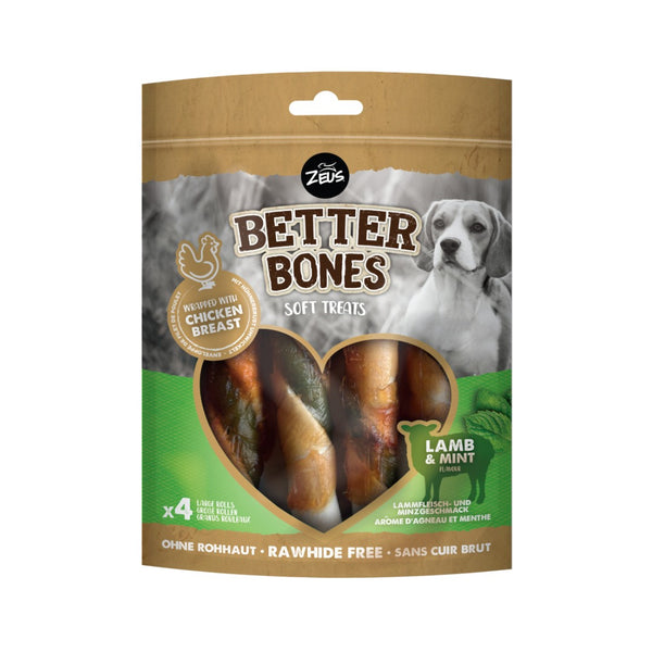 Zeus Better Bones Wrapped Large Rolls Lamb & Mint Dog Treats wrapped in real chicken. These thick and rawhide-free are satisfying for your dog to chew on safely.