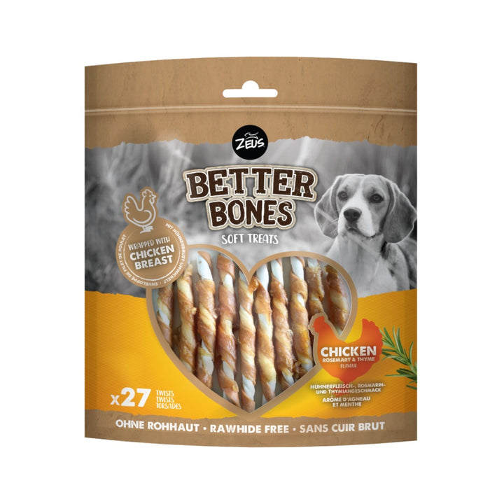 Zeus Better Bones Wrapped Twists Chicken with Rosemary & Thyme Dog Treats for a delicious and healthy snack that promotes good dental hygiene and is easy to digest 308g.