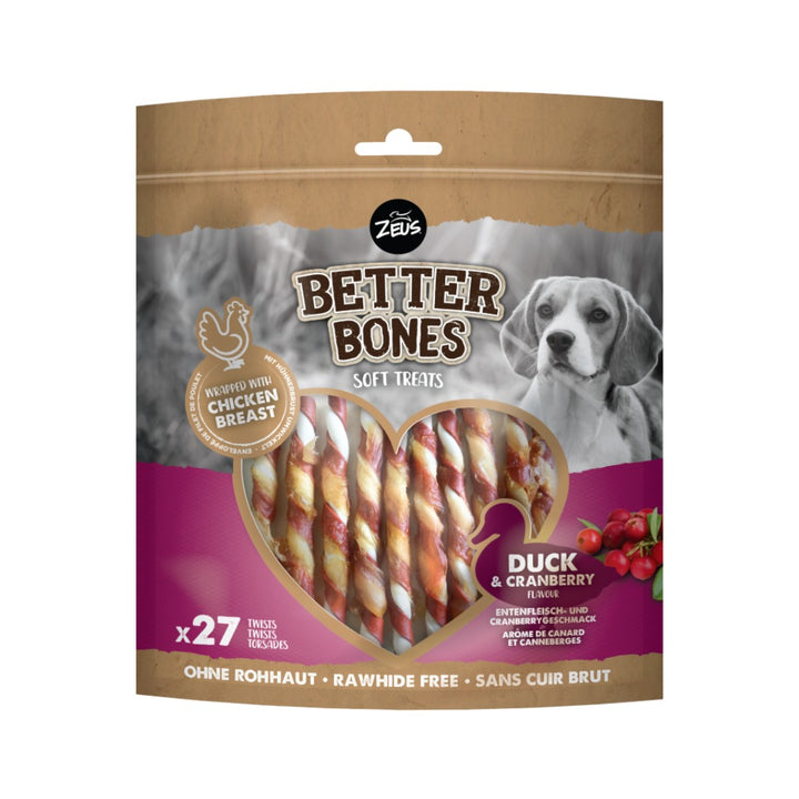 Zeus Better Bones Wrapped Twists Duck & Cranberry Dog Treats for a delicious and healthy snack that promotes good dental hygiene and is easy to digest 308g.