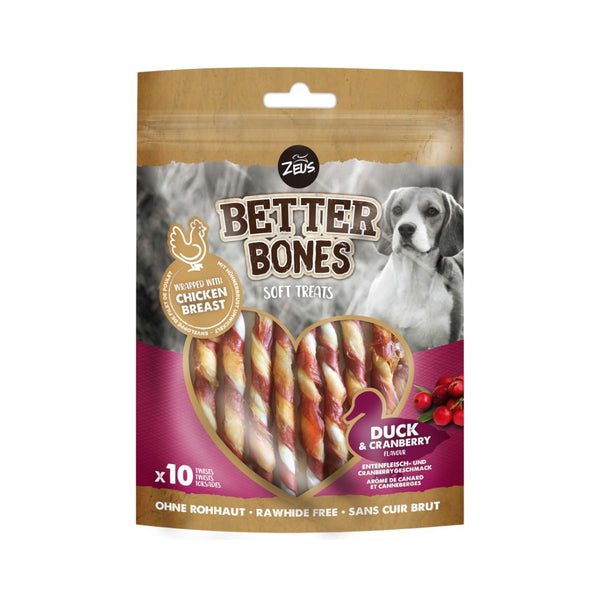 Zeus Better Bones Wrapped Twists Duck & Cranberry Dog Treats for a delicious and healthy snack that promotes good dental hygiene and is easy to digest.