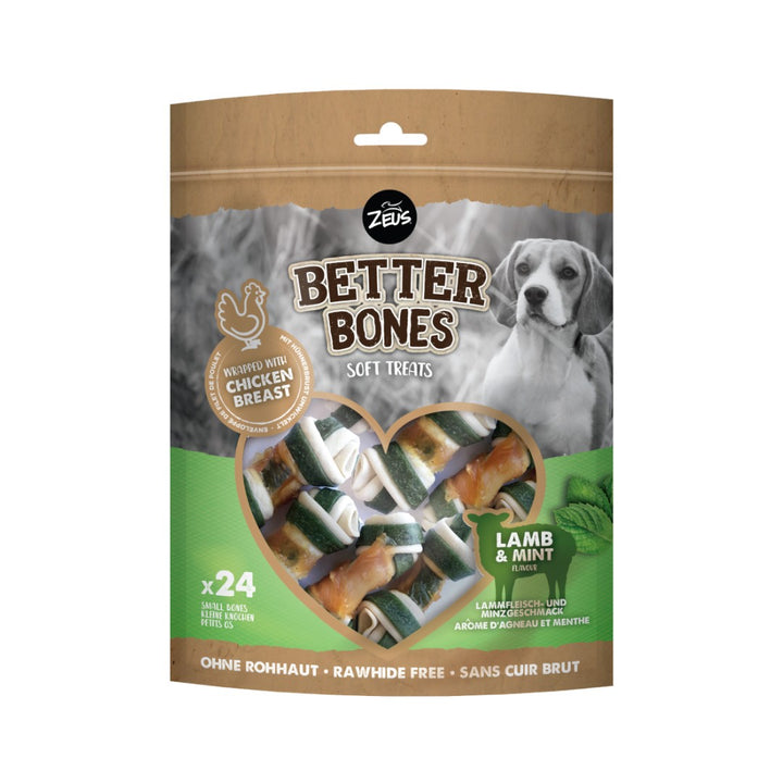Zeus Better Bones Wrapped Lamb & Mint Dog Treats for a delicious and healthy snack that promotes good dental hygiene and is easy to digest 524g.