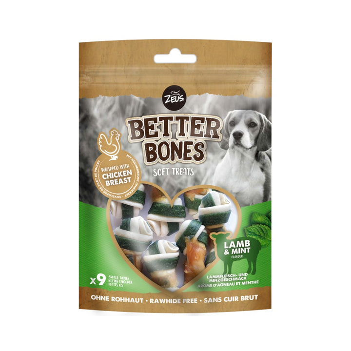 Zeus Better Bones Wrapped Lamb & Mint Dog Treats for a delicious and healthy snack that promotes good dental hygiene and is easy to digest.