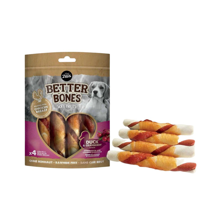 Better Bones Wrapped Large Rolls Duck & Cranberry Dog Treats wrapped in real chicken. These thick and rawhide-free are satisfying for your dog to chew on safely- Full.