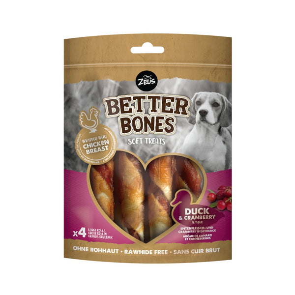 Better Bones Wrapped Large Rolls Duck & Cranberry Dog Treats wrapped in real chicken. These thick and rawhide-free are satisfying for your dog to chew on safely.