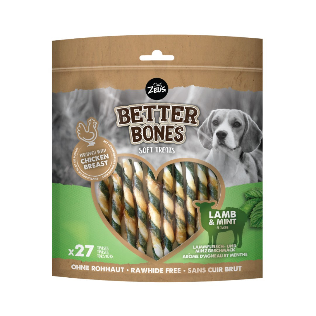 Zeus Better Bones Wrapped Twists Lamb & Mint Dog Treats for a delicious and healthy snack that promotes good dental hygiene and is easy to digest 308g.