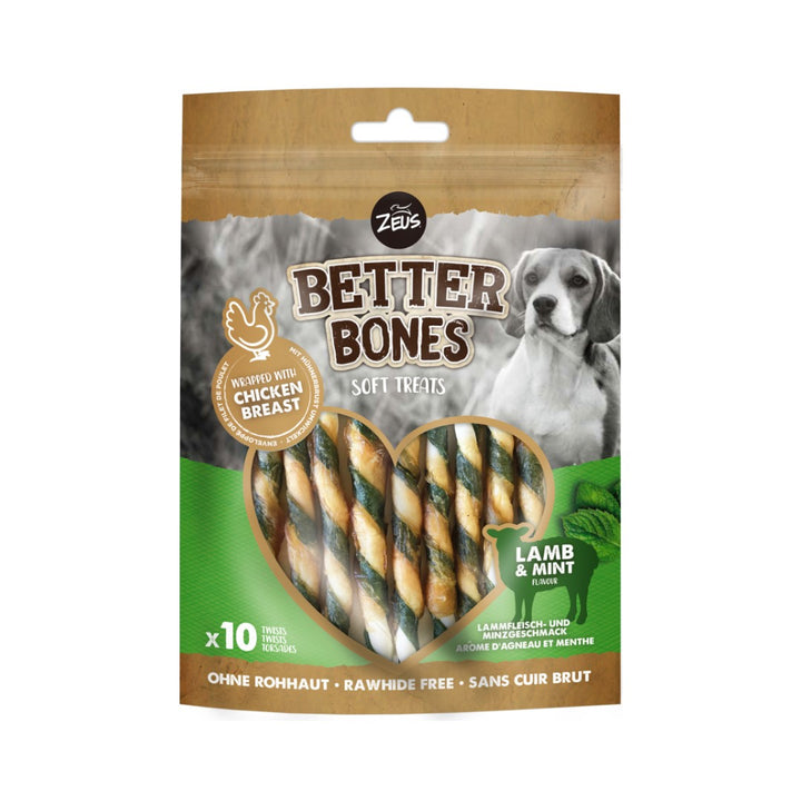 Zeus Better Bones Wrapped Twists Lamb & Mint Dog Treats for a delicious and healthy snack that promotes good dental hygiene and is easy to digest.