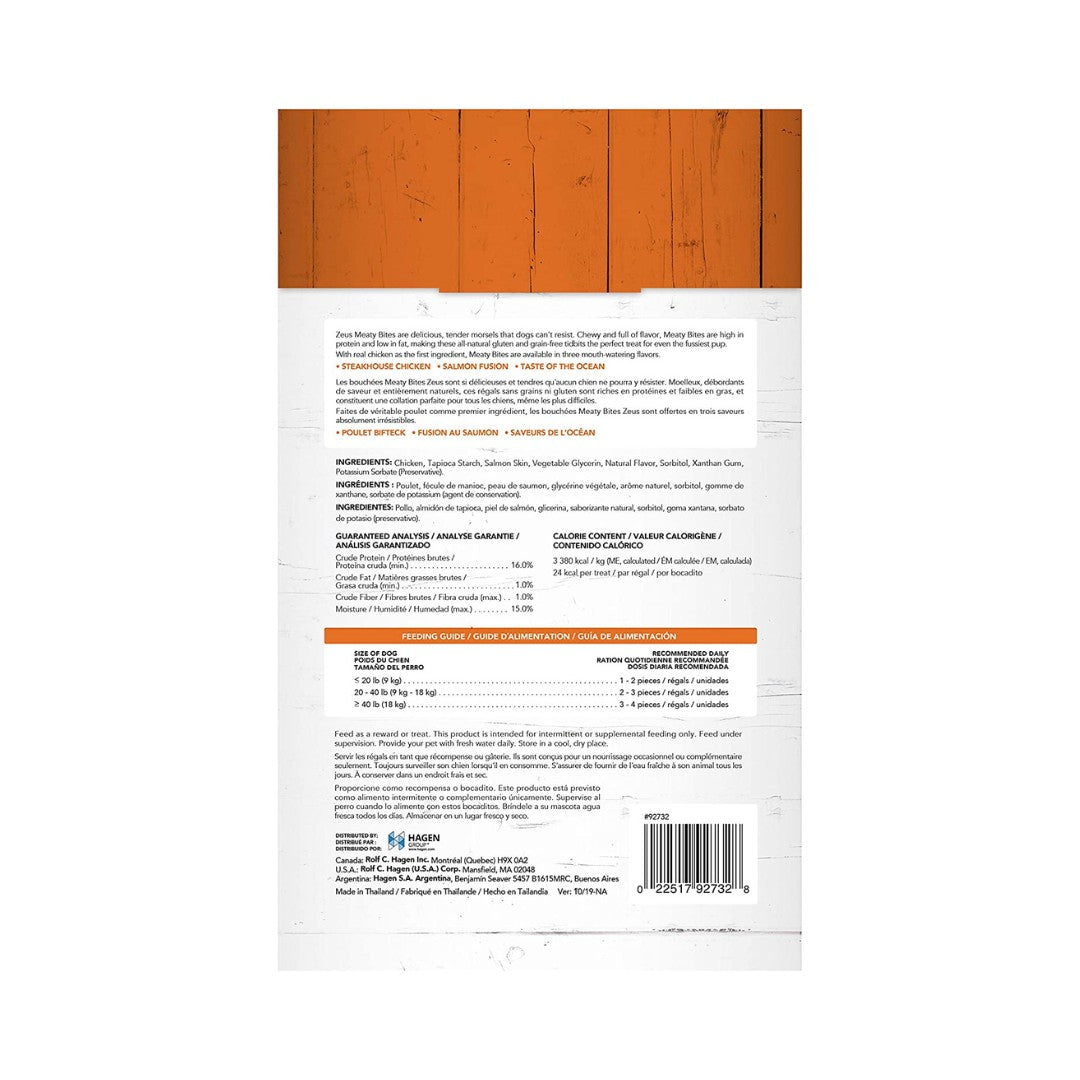 Zeus Meaty Bites Chicken with Salmon Chewy Dog Treats They are packed with protein and low in fat, making them a perfect gluten and grain-free snack- Back.
